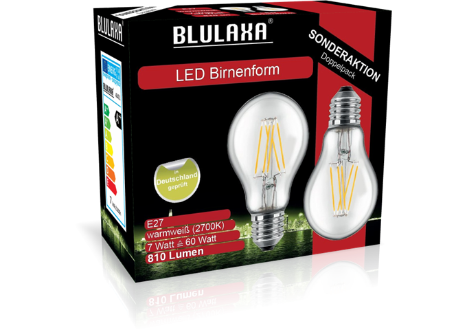 Blulaxa LED Filament Lampe A60 E27 7W 810 lm WW Doppelpack