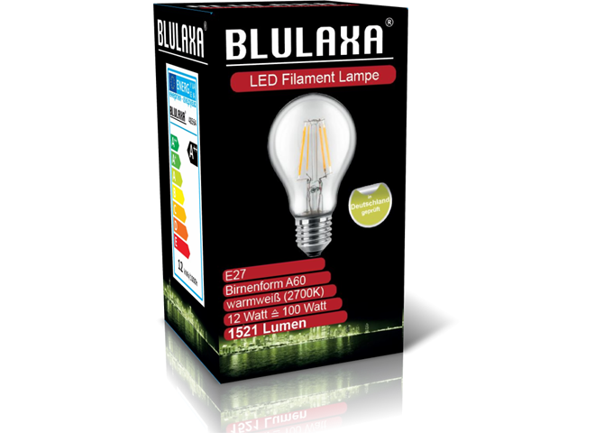 Blulaxa LED Filament Lampe A60 E27 12W 1521lm WW