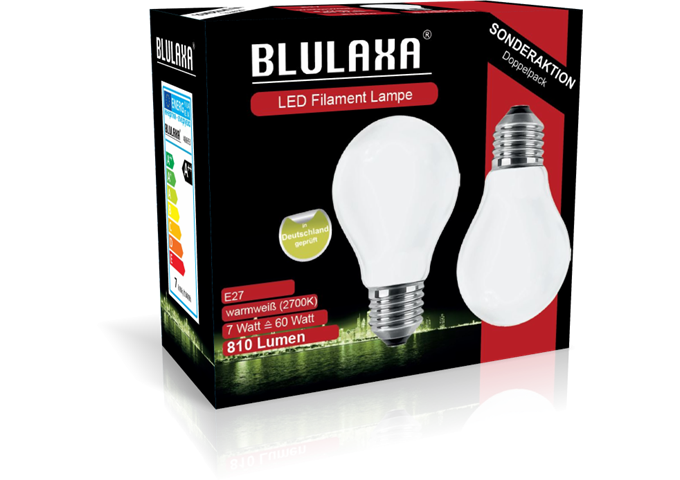 Blulaxa LED Filament Lampe A60 E27 7W 810 lm WW opal Doppe