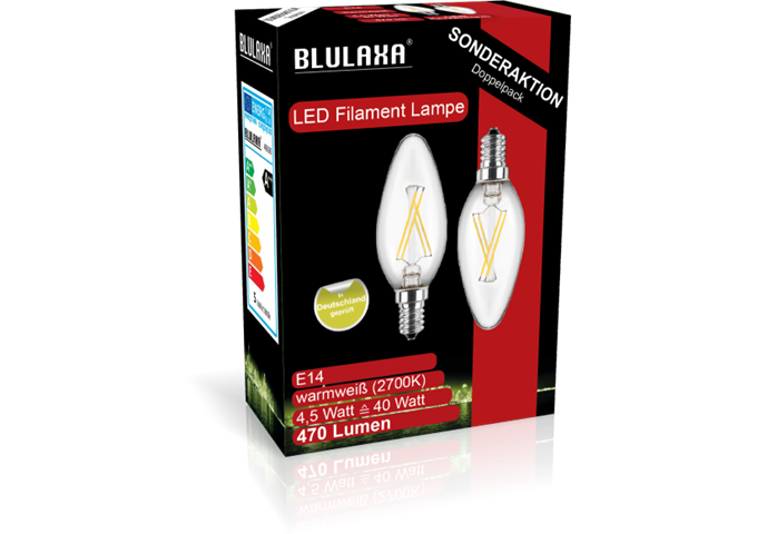 Blulaxa LED Filament Lampe C35 E14 4,5W 470lm WW Doppelpac